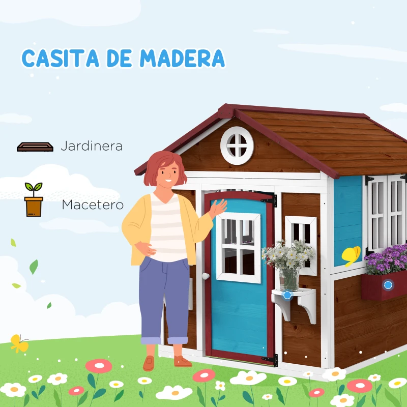 Outsunny Casita de Madera Infantil con Puerta Ventanas Jardineras y Repisas con Detalles de Color 114x126,4x135 cm Marrón Oscuro