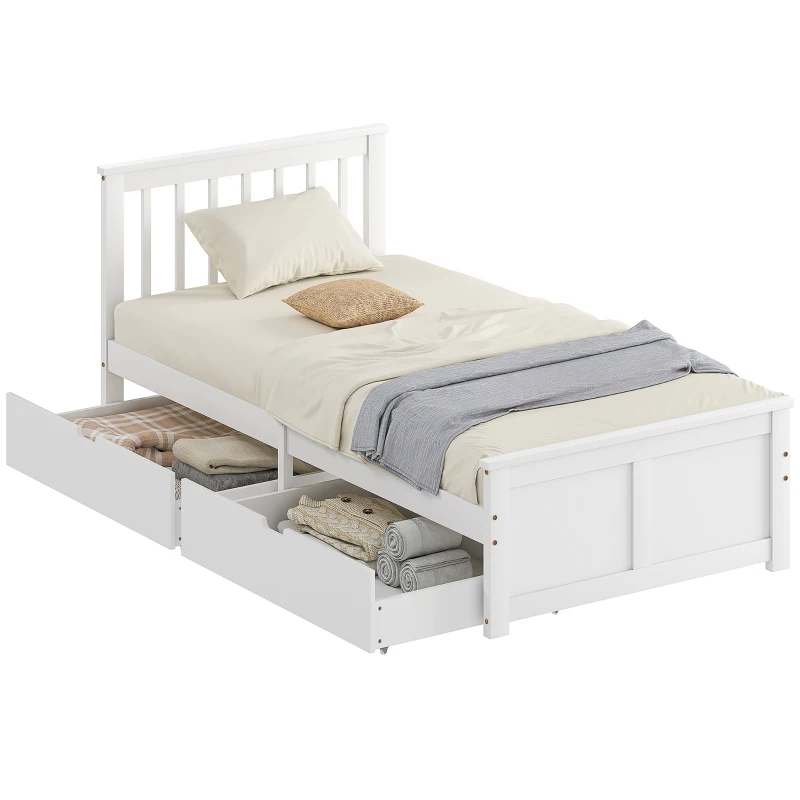 HOMCOM Armazón de cama individual, armazón de madera, cajones con ruedas, no necesita somier, 90 x 200 cm, blanco