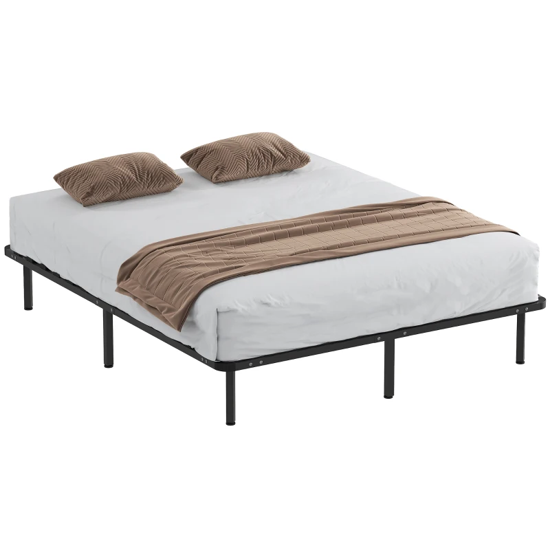 HOMCOM Letto Matrimoniale Industriale a 28 Doghe con Spazio Contenitore, in Legno e Acciaio, 190x160x31 cm, Nero e Legno