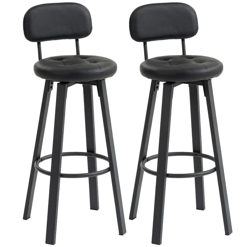HOMCOM Set de 2 taburetes de bar, tapizado de cuero sintético, asiento acolchado, reposapiés, respaldo, estructura metálica, Negro