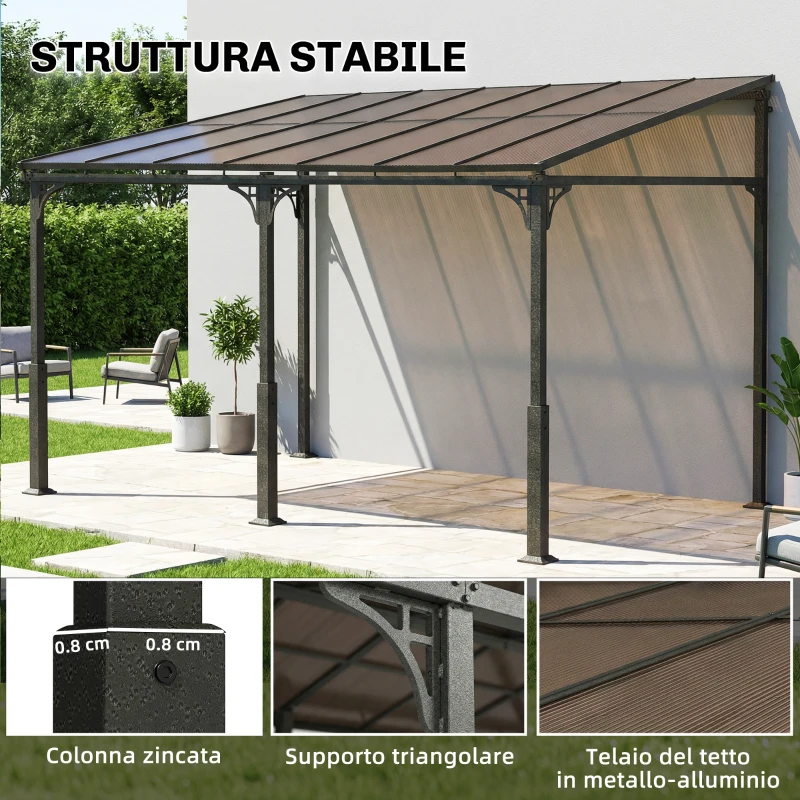 Outsunny Pergola Addossata 4x3 m con Tetto in Policarbonato, Metallo e Alluminio con Viti, Marrone