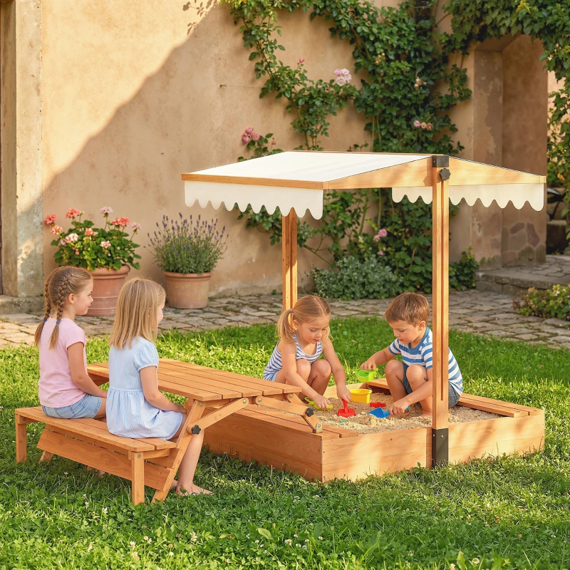 AIYAPLAY Sabbiera per Bambini 3 a 8 Anni in Legno con Tendalino Regolabile, Tavolo da Picnic e Panchine, 184x110x120 cm, Marrone