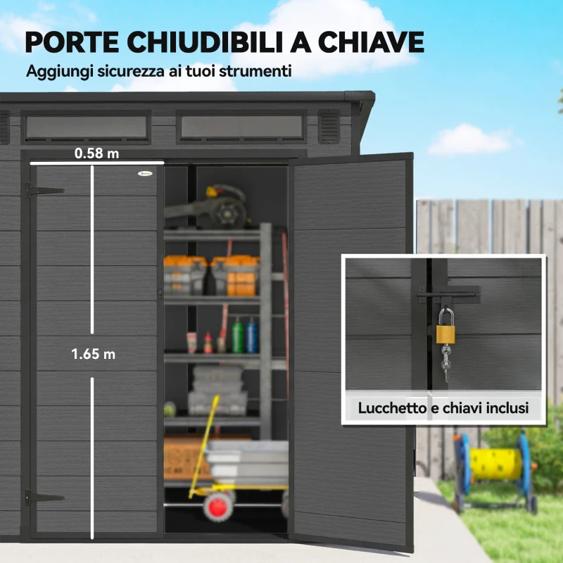 Outsunny Casetta da Giardino a 2 Ingressi con 3 Finestre e Prese d'Aria, in PP e Alluminio, 182x182x196 cm, Grigio Scuro