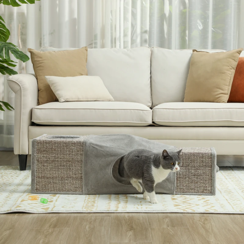PawHut Túnel para gatos de interior juguetes para gatos con pelota colgante entradas múltiples en sisal 98 x 30 x 30 cm gris