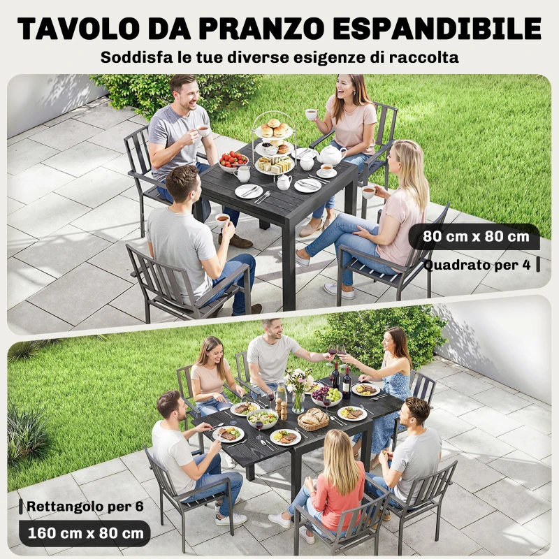 Outsunny Tavolo da Giardino Allungabile per 4-6 Persone con Piano a Doghe, in Alluminio, 80/160x80x75 cm, Nero