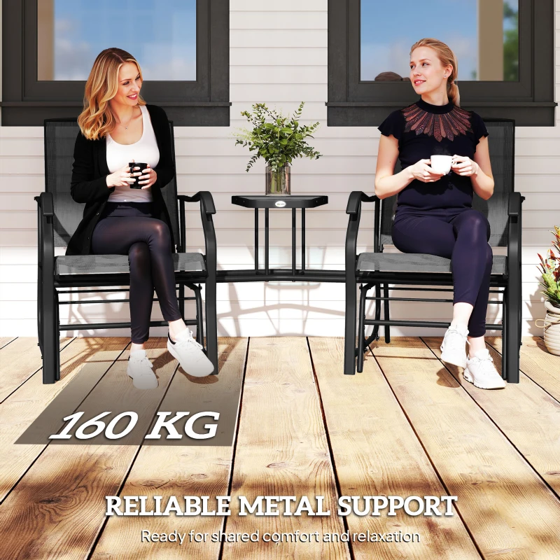 Outsunny Gliding Jack and Jill Seat, with Glass-Top Table - Black