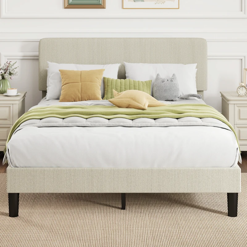 HOMCOM Estructura de Cama 140x200 cm con Cabecera Acolchada Regulable en Altura y Lamas, Terciopelo Acanalado, Gris