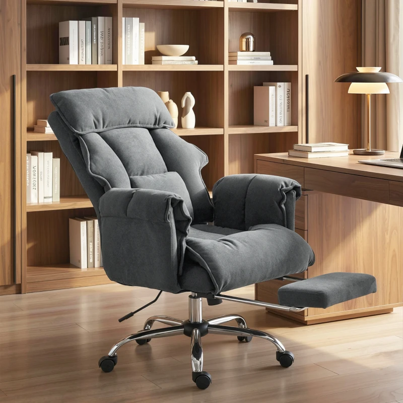 HOMCOM Cadeira de Escritório Cadeira Giratória Regulável em Altura com Apoio Lombar, Apoio para Pés, Snow-flanela, 80 x 80 x 106-114 cm Cinza escuro