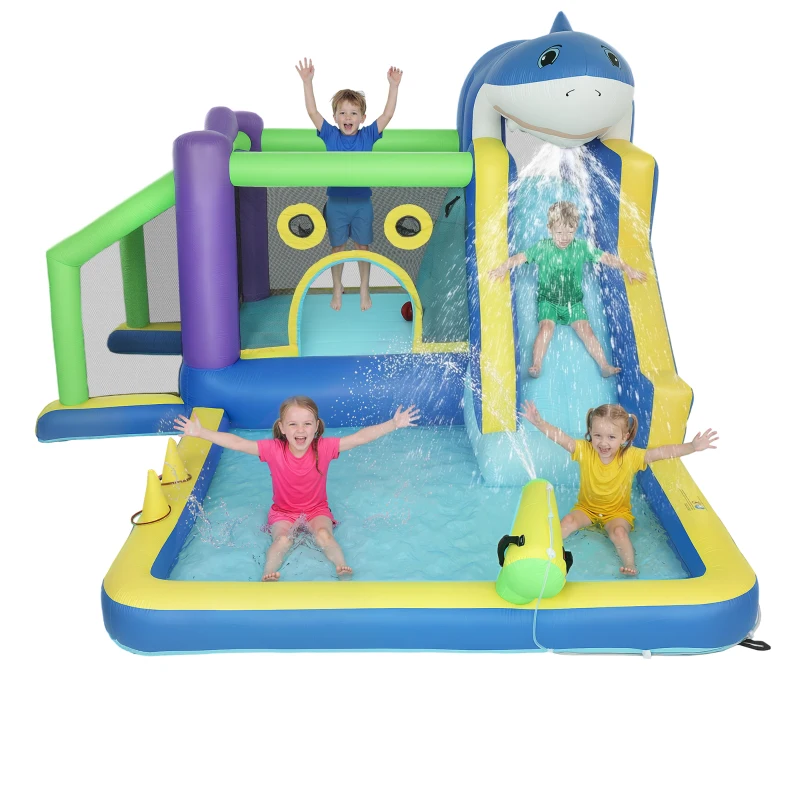 AIYAPLAY 8-in-1 aufblasbar Hüpfburg mit Hai-Design Gebläse Rutsche Planschbecken Trampolin für 3–8 Jahre 405x345x235cm Mehrfarbig