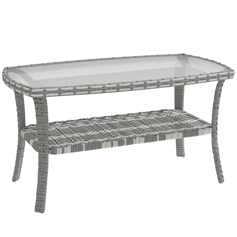 Outsunny Table de jardin extérieure rectangulaire en rotin avec étagère Plateau en verre trempé ondulé 90x50x45 cm Gris foncé