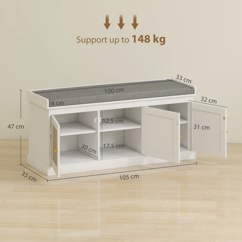 HOMCOM Panca portascarpe 9 paia con 3 ante in rattan e cuscino, 105x35x47 cm, Bianco