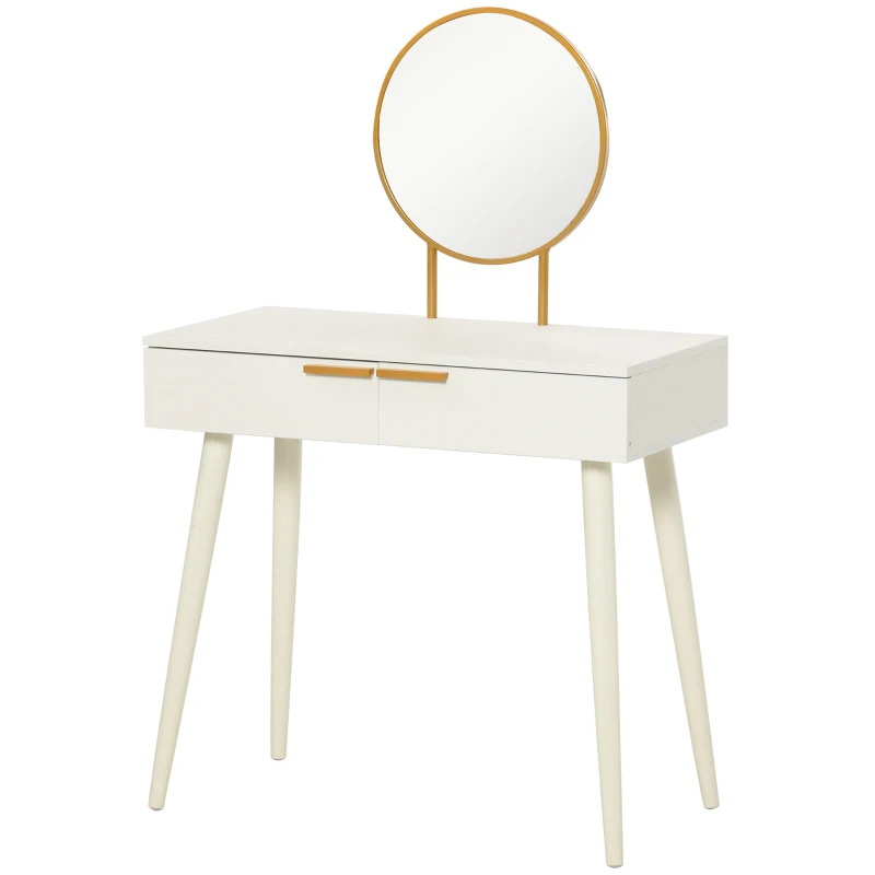 HOMCOM Coiffeuse Design Table de Maquillage avec Miroir rond, 2 tiroirs pour chambre, intérieur, blanc