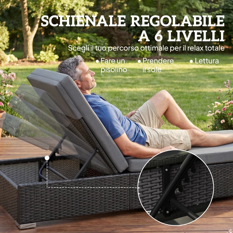 Outsunny Set 2 Sdraio da Giardino in Rattan con Tavolino Laterale e Schienale Regolabile, 184x60x22 cm, Grigio Scuro