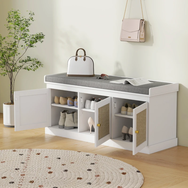 HOMCOM Panca portascarpe 9 paia con 3 ante in rattan e cuscino, 105x35x47 cm, Bianco