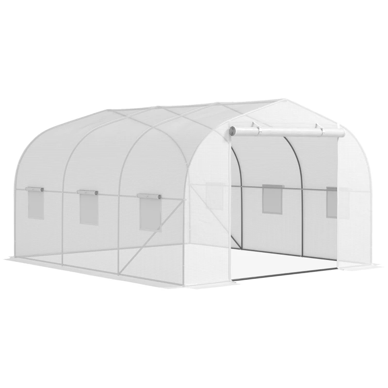 Outsunny Serre de jardin serre tunnel de Jardin dim. 3,5L x 3l x 2H m Porte + 6 fenêtres enroulables Acier galvanisé bâche PE Haute densité Blanc