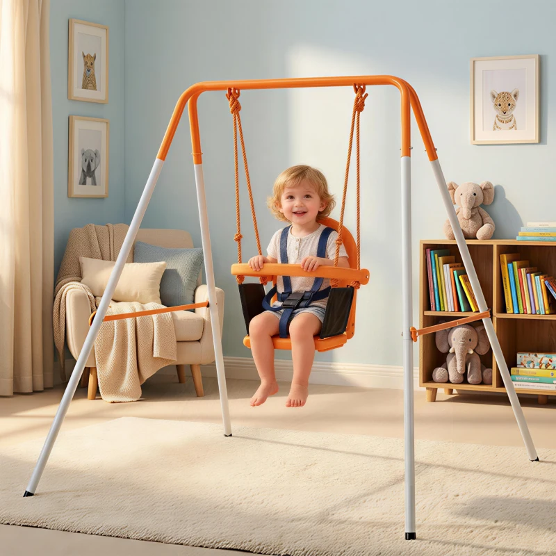 Outsunny Baloiço Infantil de Aço para Crianças dos 6 aos 36 Meses com Encosto Alto e Arnês de Segurança 122x146x122 cm Laranja