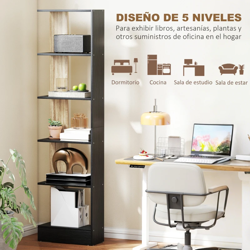 HOMCOM Estantería de 5 Niveles Librería Estrecha para Espacios Pequeños 45x21x170 cm Negro y Roble