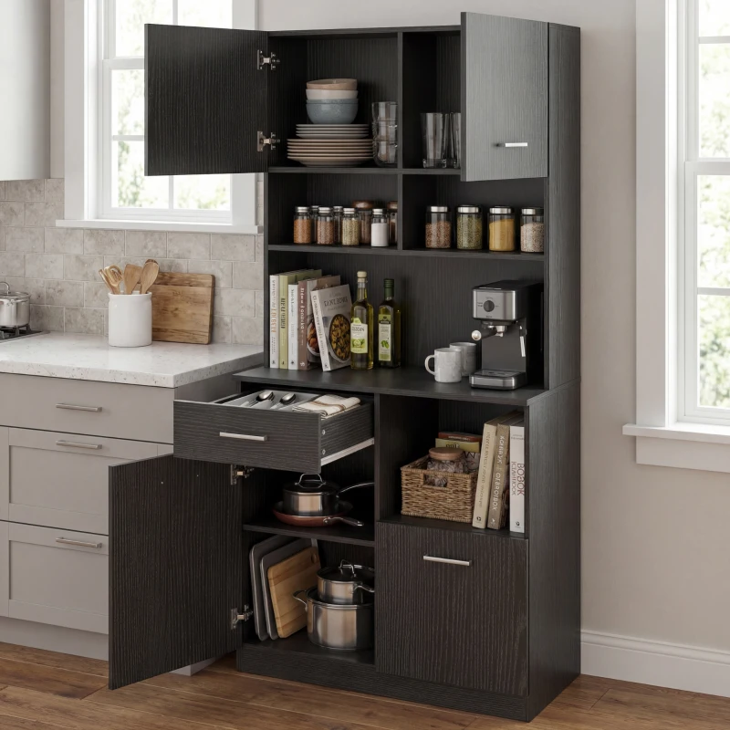 HOMCOM Keukenkast buffetskast met lade soft-close 80x35x180 cm zwart(m-2)