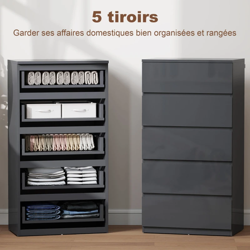 HOMCOM Commode 5 tiroirs, meuble de rangement à haute brillance, fermeture douce et silencieuse, 53 x 34 x 100 cm, gris
