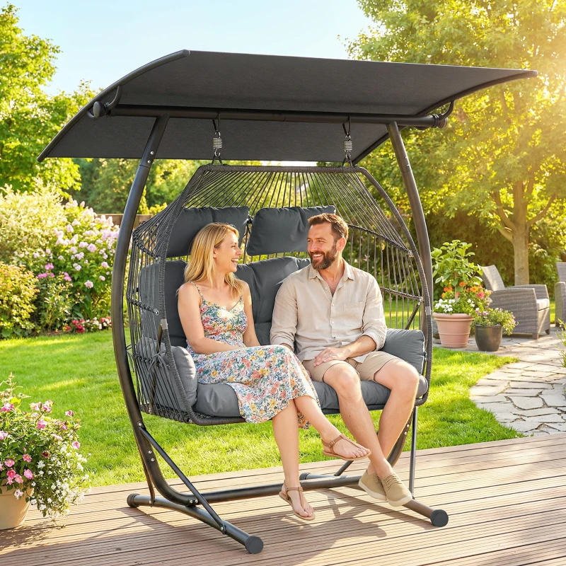 Outsunny Double Hanging Egg Chair with Canopy, Rattan Garden Egg Swing Chair with Cushion, Stand for Indoor Outdoor, Dark Grey