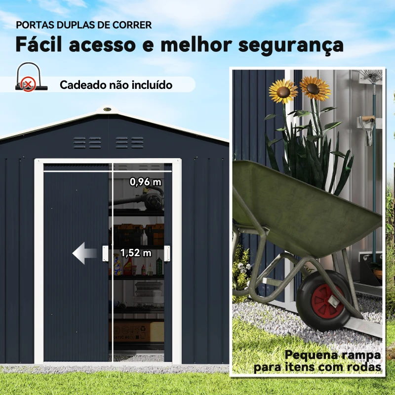 Outsunny Abrigo de Jardim 4,9 m² 277x195x192 cm com 2 Portas Deslizantes Base Reforçada (Chão NÃO Incluído) Cinzento Escuro
