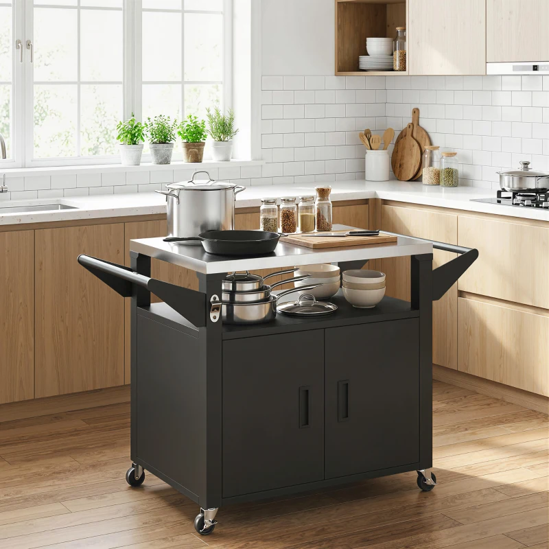 Outsunny Carrello da cucina con ruote e armadietto, 117x55x78 cm, Nero