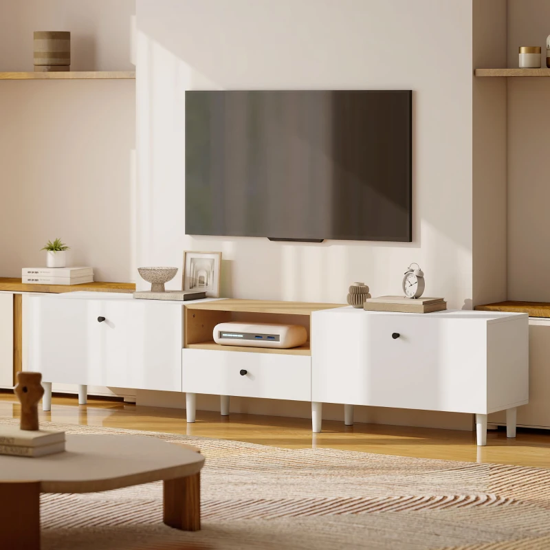HOMCOM Cómoda TV de 200 cm para televisores hasta 228,6 cm, 2 compartimentos abatibles, hueco abierto, cajón, 8 patas, tablero aglomerado, blanco