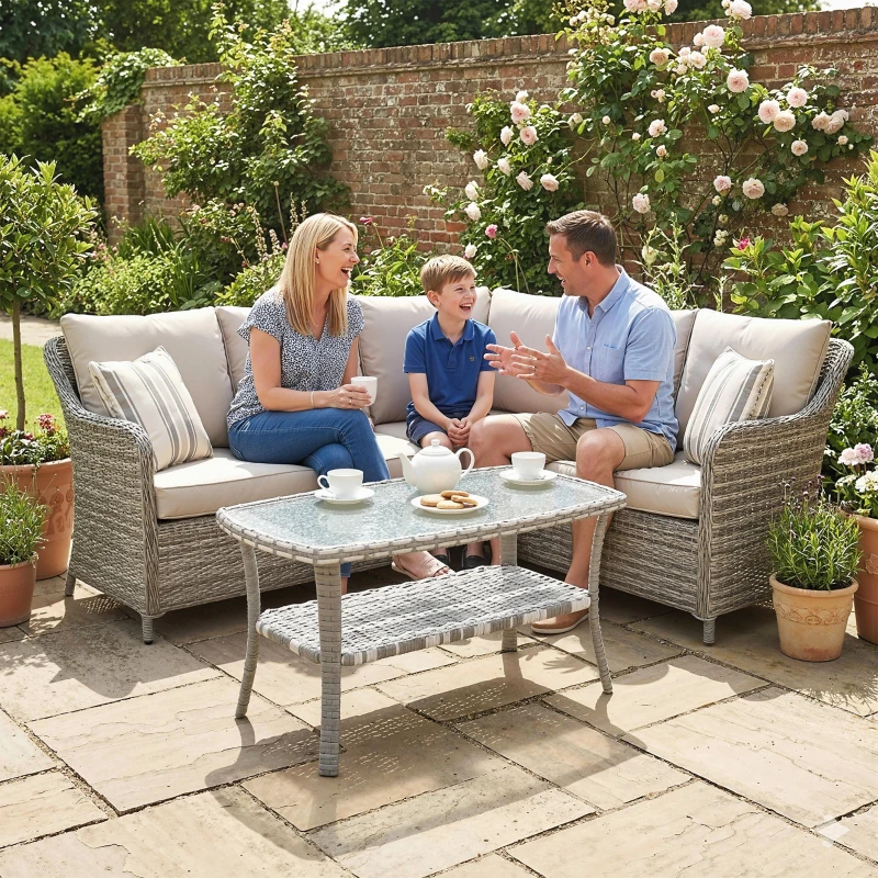 Outsunny Table de jardin extérieure rectangulaire en rotin avec étagère Plateau en verre trempé ondulé 90x50x45 cm Gris foncé