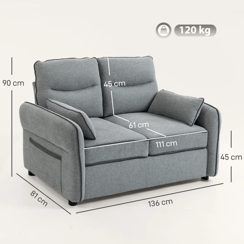 HOMCOM Canapea 2 locuri, canapea de living din velur egiptean, 2 perne incluse, buzunar lateral, 136 x 81 x 90 cm, gri