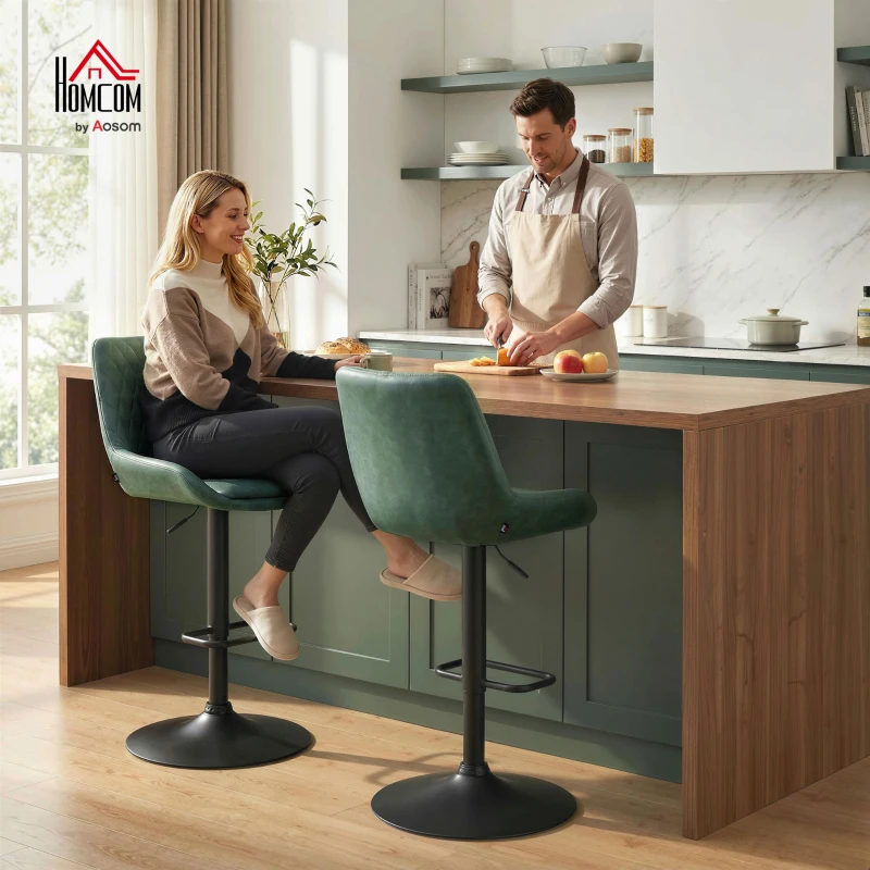 HOMCOM Retro Bar Stools Set of 2, Adjustable Kitchen Stool, Upholstered Bar Chairs with Back, Swivel Seat, Green