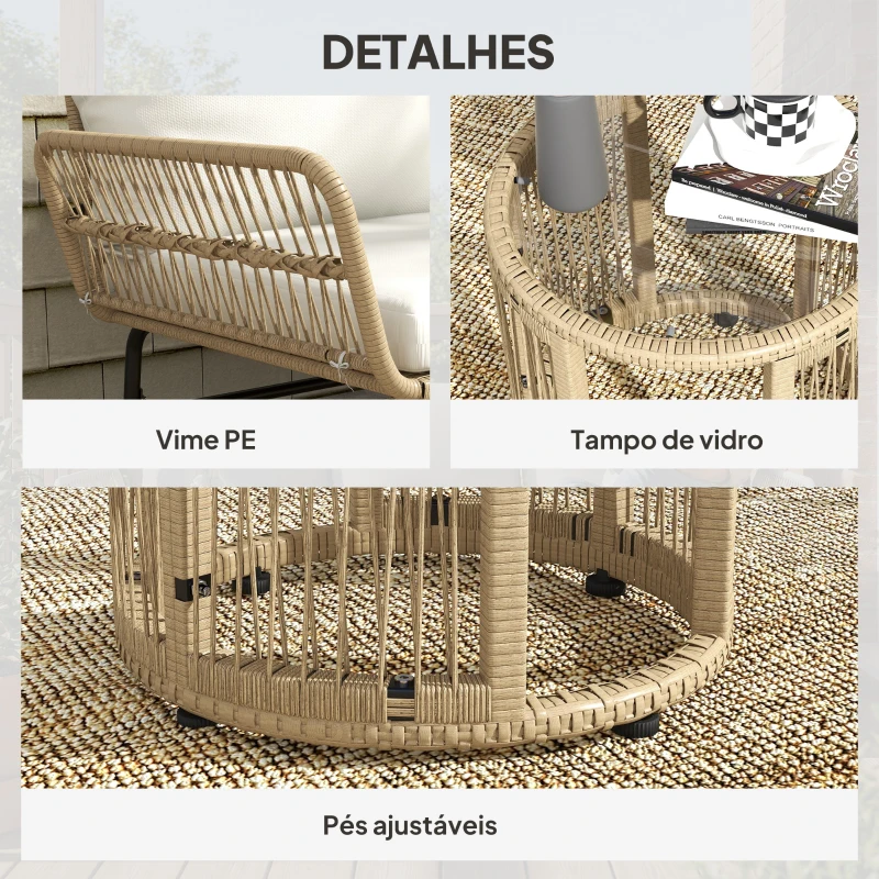 Outsunny Conjunto de Móveis de Jardim Exterior em Ratã com Sofá de 2 Lugares Chaise Longue Almofadas e Mesa Creme