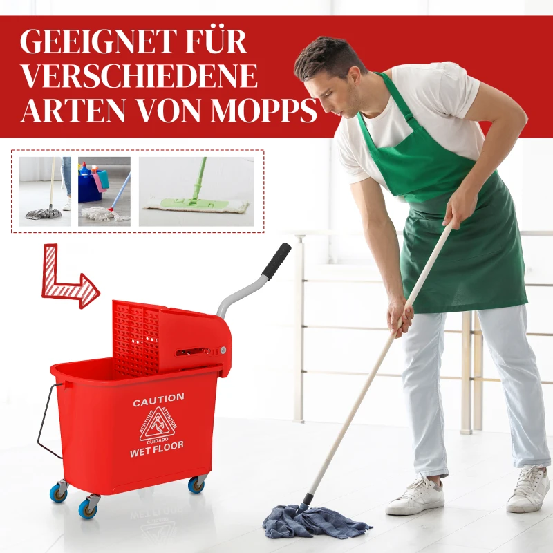HOMCOM 20 L Mopp-Eimer mit Auswringer und Griff, Wischmopp-Eimer auf Rädern, Kunststoff, Rot