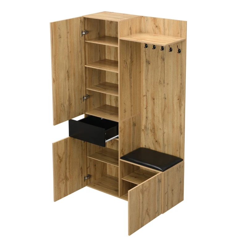 Ensemble vestiaire avec 5 crochets, miroir, meuble à chaussures et placard encastré, 98,5x38x191 cm, Couleur naturelle