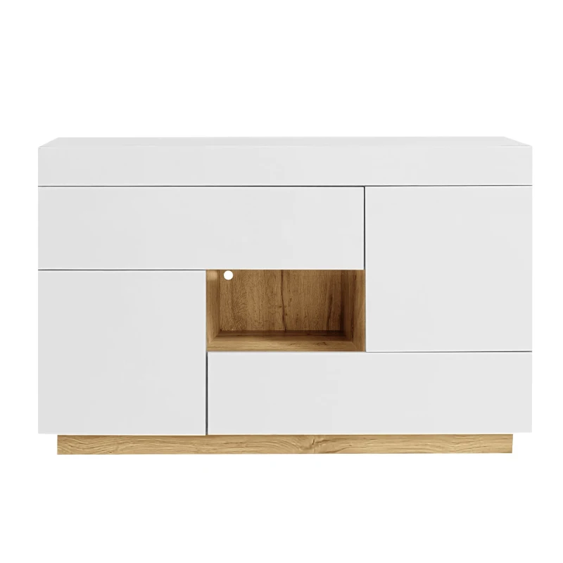 Credenza moderna con illuminazione a LED, vetrina e cassetti, 120x37x76.5 cm, Bianco