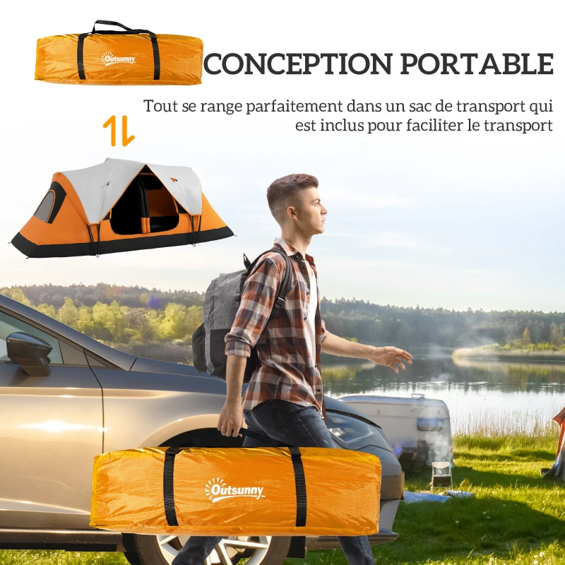 Outsunny Tente de camping familiale 6-8 pers. double toit légère ventilée facile à monter sac de tranport orange