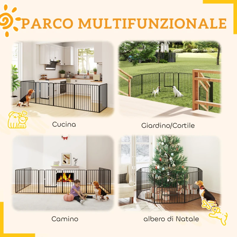 PawHut Box per Cani a 8 Pannelli Modulabili da Interno ed Esterno con 9 Picchetti, in Acciaio, 164x164x80 cm, Nero