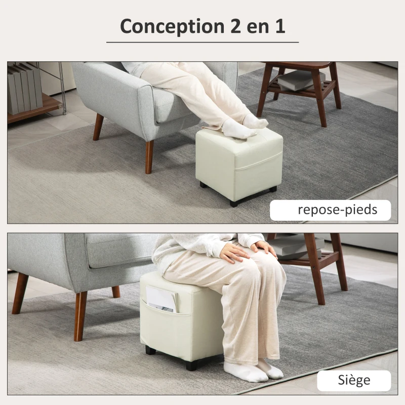 HOMCOM Repose pied salon, ottoman, siège rembourré capitonné en tissu aspect lin avec poche latérale, 35 x 35 x 35 cm, crème