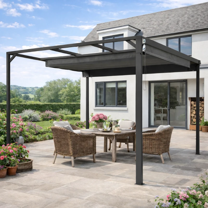 Outsunny 3 x 3m Aluminium Pergola, with Retractable Roof and Wall - Dark Grey