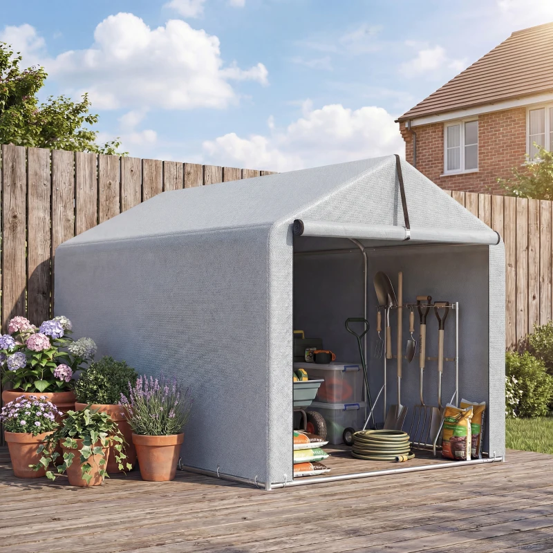 Outsunny Tenda de Jardim Exterior para Ferramentas e Bicicletas com Estrutura de Aço Galvanizado e Porta Enrolável, Cinzento