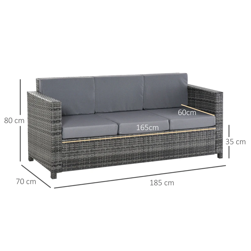 Outsunny Divano da Esterno 3 Posti in Rattan PE e Metallo con Cuscini per Seduta e Schienale, 185x70x80 cm, Grigio
