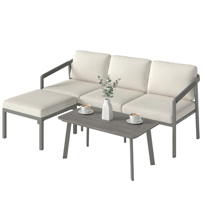 Outsunny 3 Piece Garden Dining Set, Outdoor Patio Furniture with 3 Seater Sofa, Footstool, Coffee Table and Cuhsions
