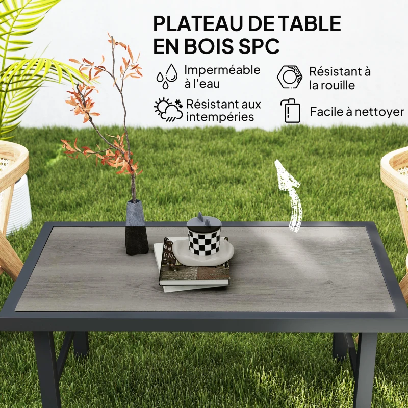 Outsunny Table basse de jardin rectangulaire table de jardin avec plateau SPC à effet bois en métal, 100 x 52 x 46 cm, noir