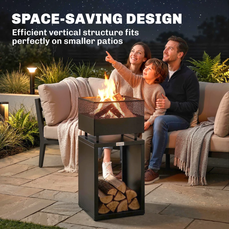 Outsunny Braciere con deposito legna e griglia carbone, 39x39x87 cm, Nero
