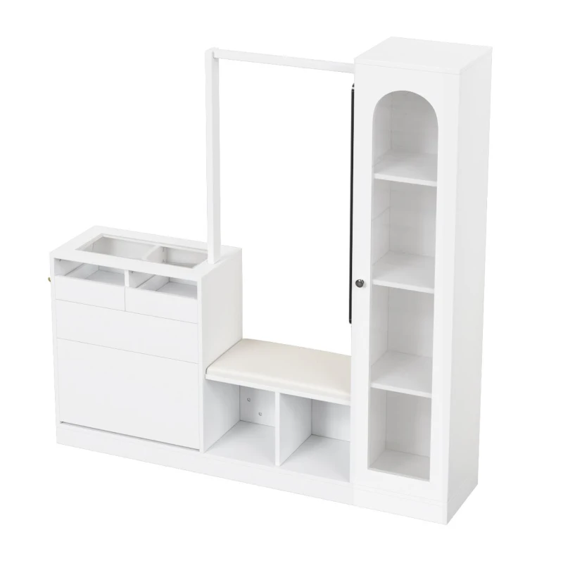 Set da Ingresso a LED con appendiabiti, tavolino, panca scarpiera e vetrina, 163x35x161 cm, Bianco