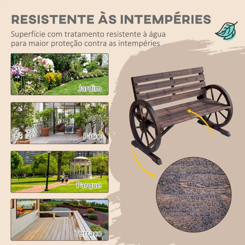 Outsunny Banco de madeira ao ar livre com apoio de braços em forma de roda Vista envelhecida para varanda Terraço 105,5x56x75 cm Marrom rústico