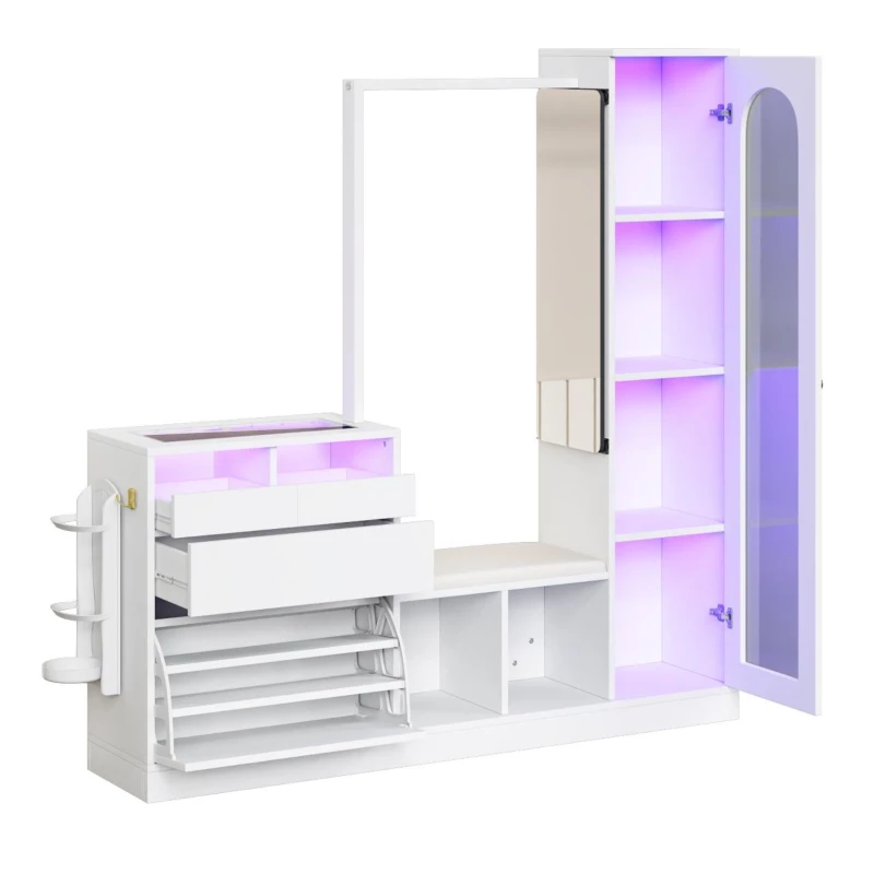Set da Ingresso a LED con appendiabiti, tavolino, panca scarpiera e vetrina, 163x35x161 cm, Bianco