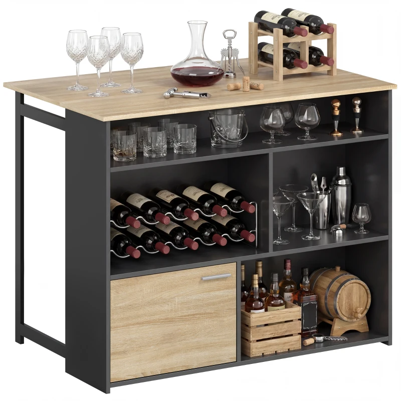HOMCOM Mesa de bar extensible con abatible, mesa alta de cocina, 1 armario y 4 compartimentos abiertos, 116x79,6x90,5cm, negro