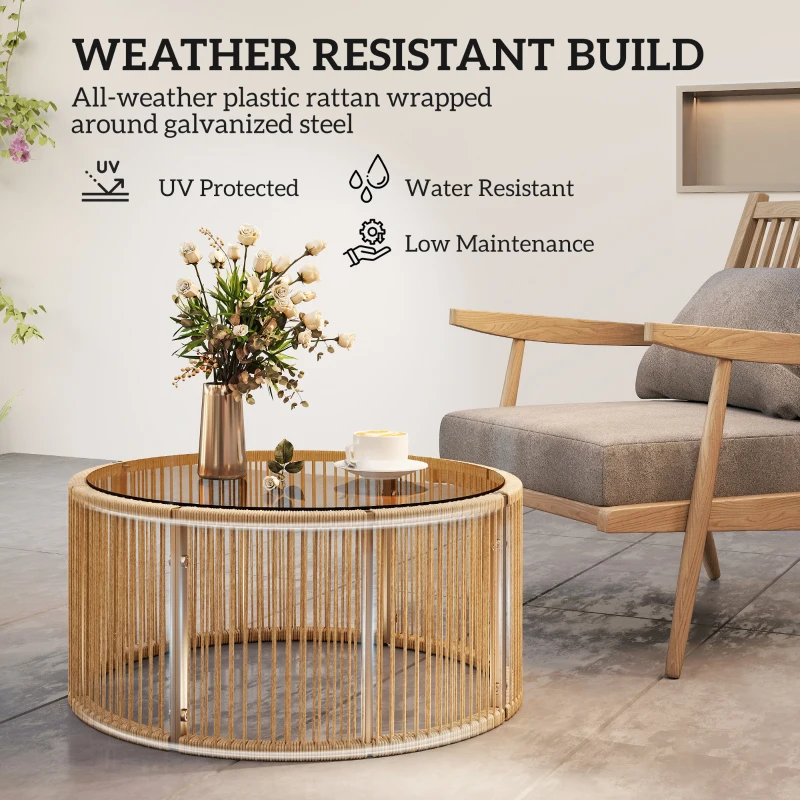 Outsunny Bijzettafel van polyrattan - Koffietafel met gehard glazen tafelblad - Tuintafel met stalen frame - 70 x 70 x 33 cm - Bruin