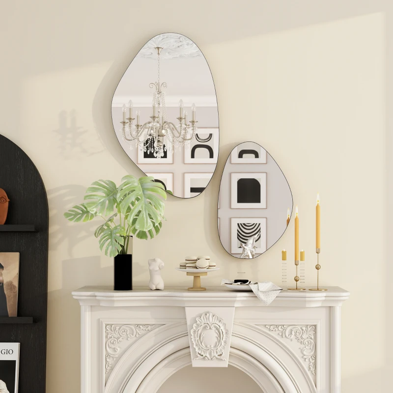 HOMCOM Set de 2 espejos de pared 70 x 46 cm y 49,5 x 31 cm con marco metálico, colgantes en forma de guijarro, Negro