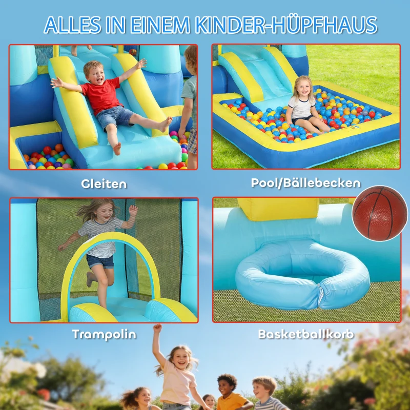 AIYAPLAY Hüpfburg Aufblasbar Spielcenter mit Gebläse Rutsche Trampolin Planschbecken/Bällebad Wasserpistole 364x173x182 cm Blau